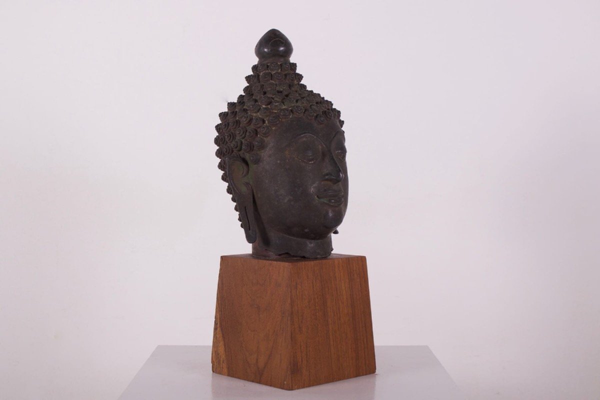 Large Bronze Buddha Head Lan Na-photo-3