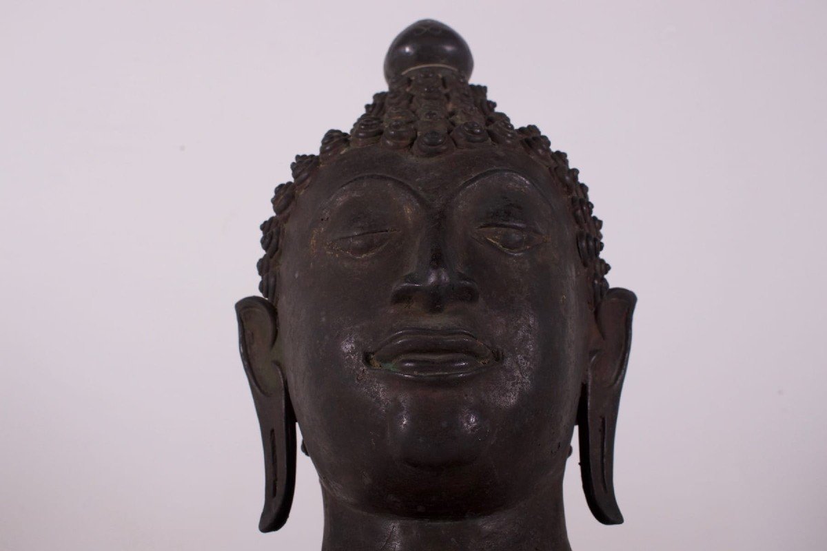 Large Bronze Buddha Head Lan Na-photo-3