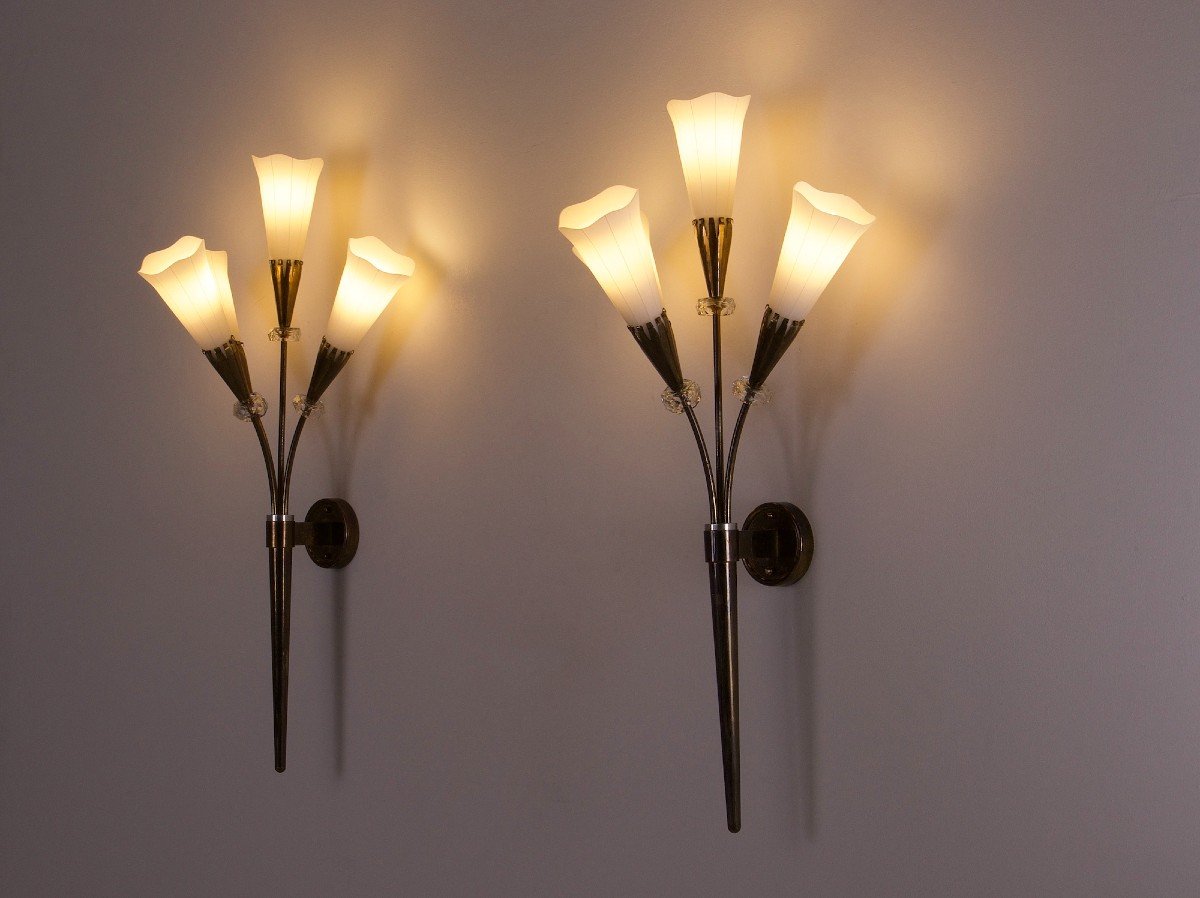 Deux candélabres muraux "Arums" Maison Lunel, années 50.