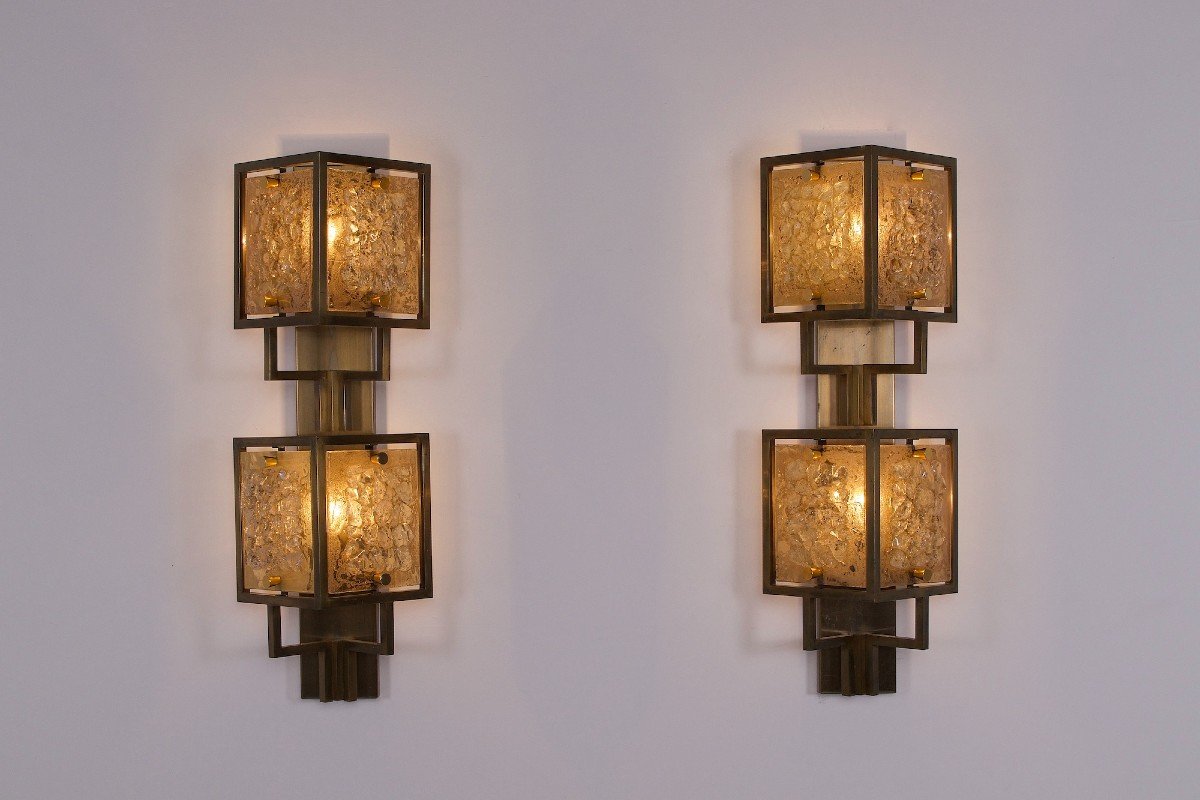 Large Brass And Amber Glass Wall Sconces-photo-2