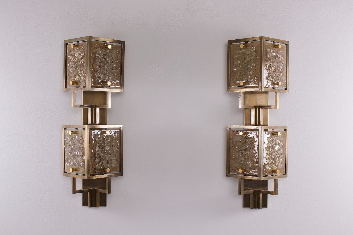 Large Brass And Amber Glass Wall Sconces-photo-3