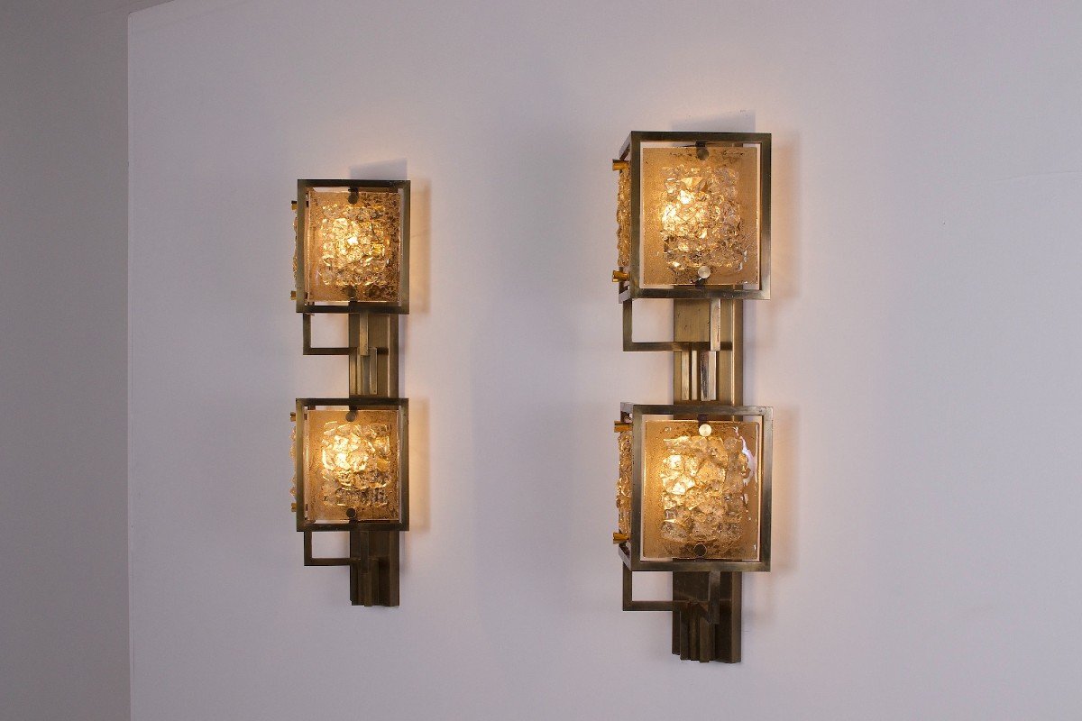 Large Brass And Amber Glass Wall Sconces-photo-4