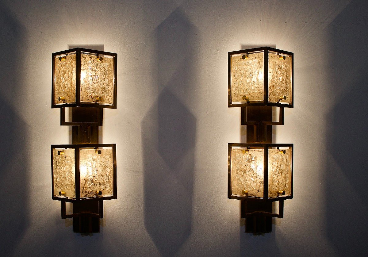 Large Brass And Amber Glass Wall Sconces-photo-1