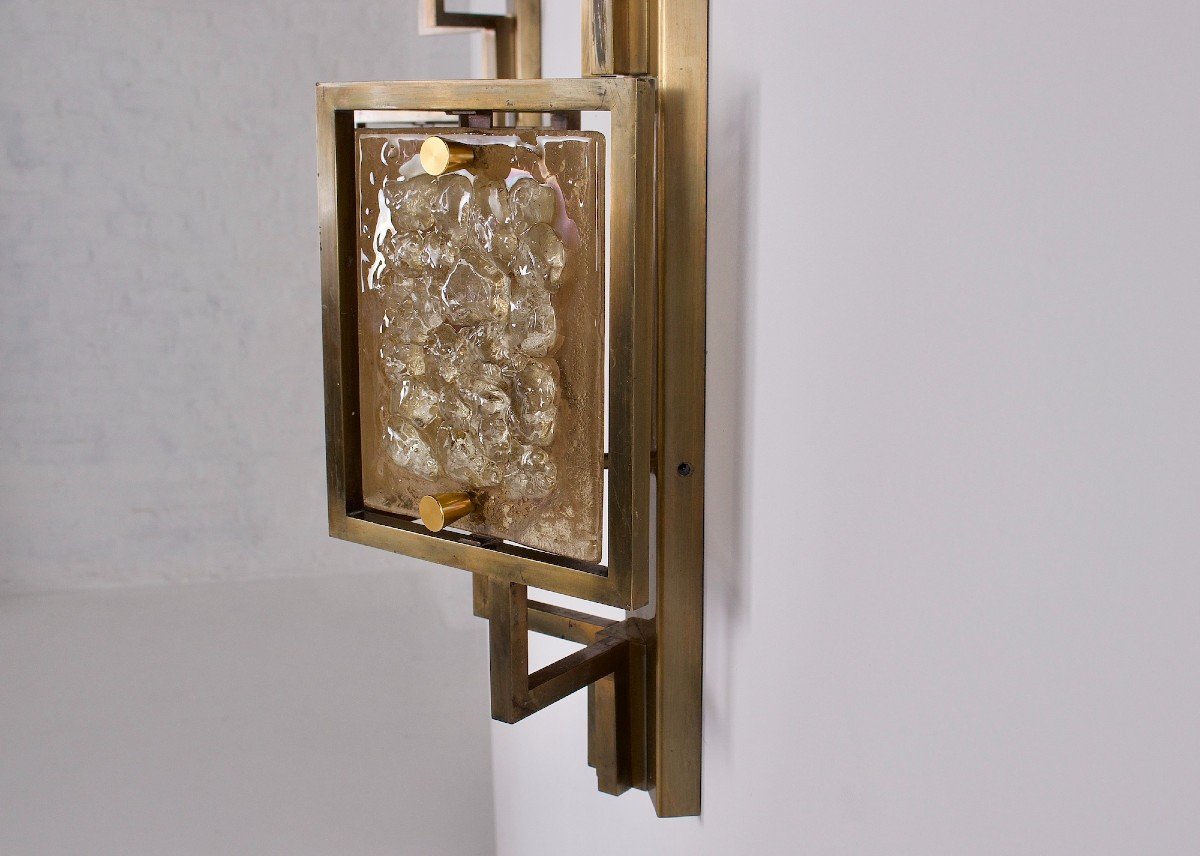 Large Brass And Amber Glass Wall Sconces-photo-2