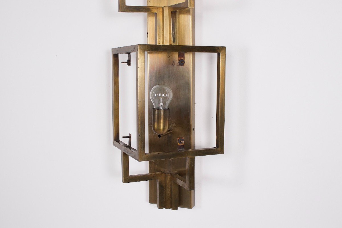 Large Brass And Amber Glass Wall Sconces-photo-3