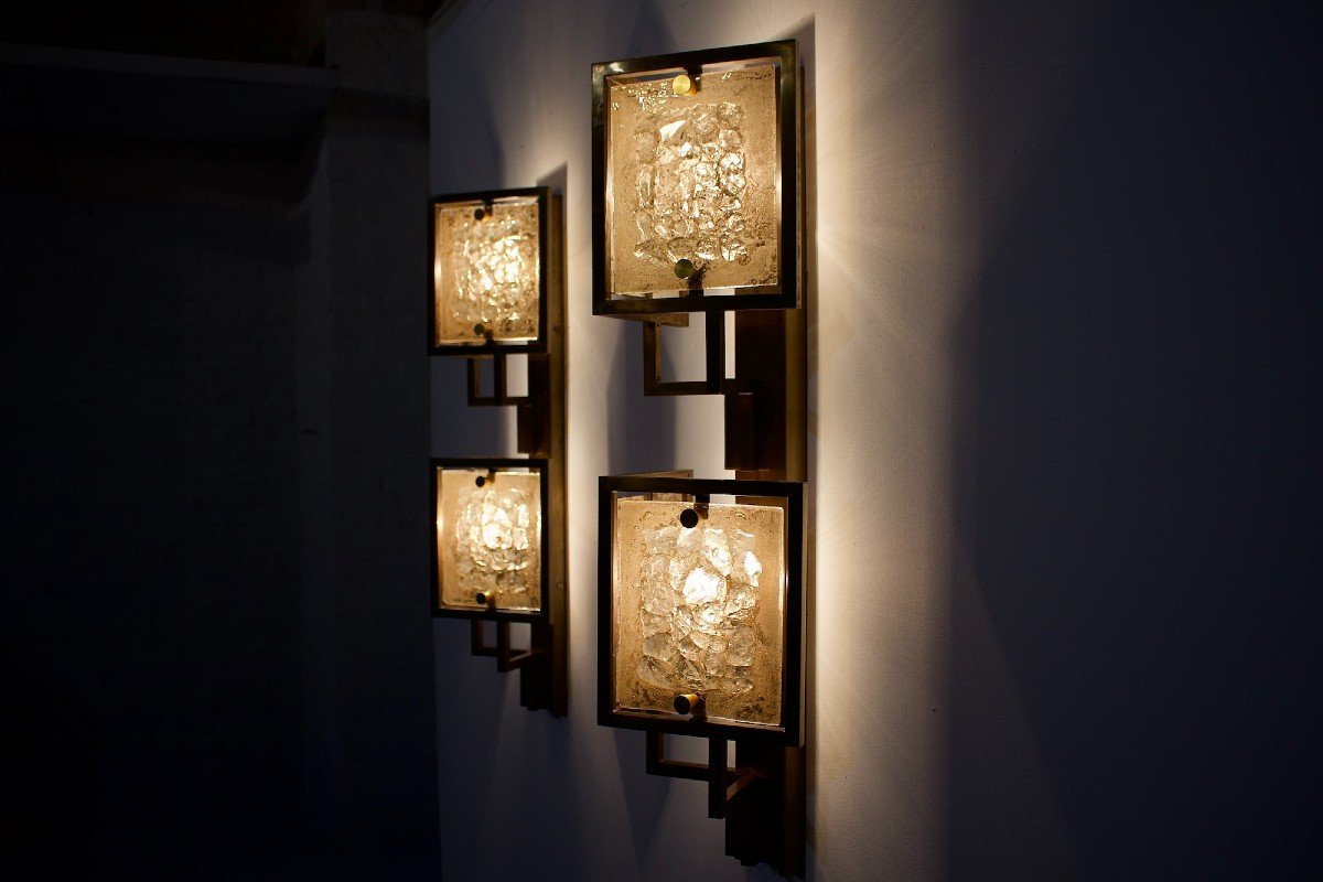 Large Brass And Amber Glass Wall Sconces