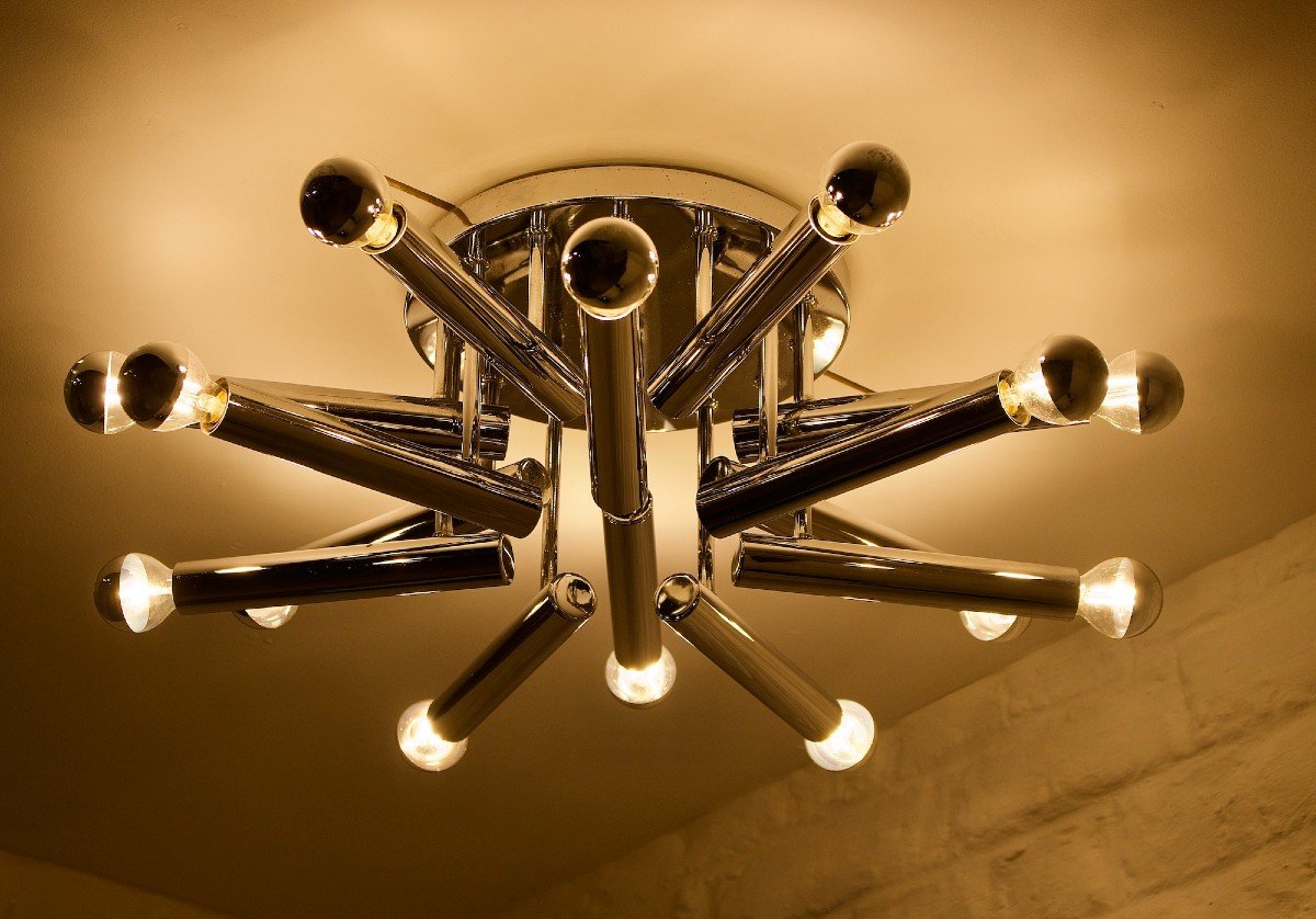Lustre en acier chromé  modèle “Sputnick”, Gaetano Sciolari.-photo-3