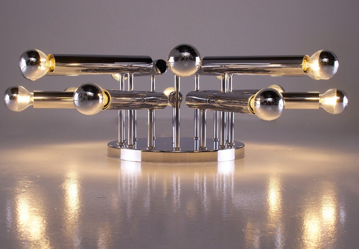 Lustre en acier chromé  modèle “Sputnick”, Gaetano Sciolari.
