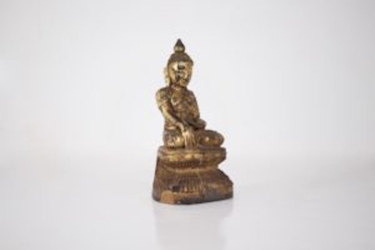 Statue de Bouddha assis en bois doré, Birmanie.-photo-3