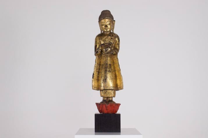 Statue de Bouddha en bois doré, Birmanie,19 ème siècle.-photo-3