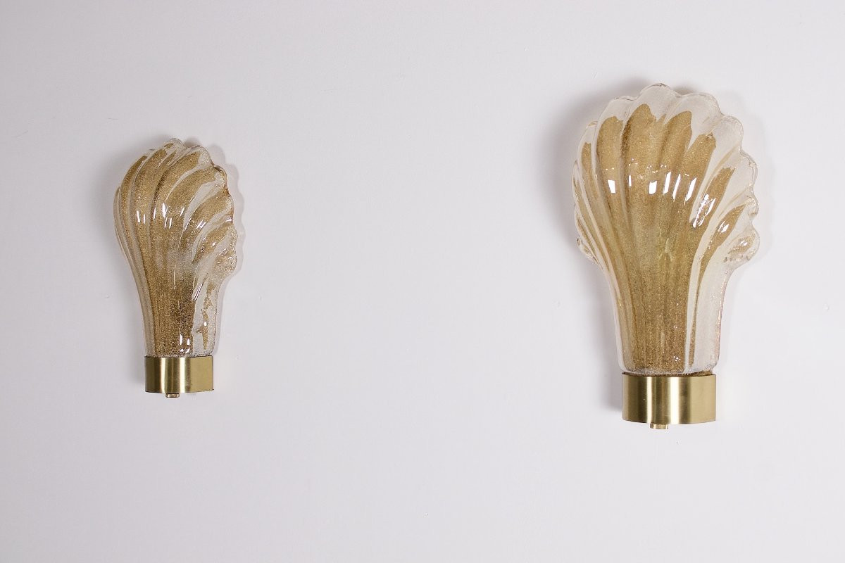 Deux appliques modèle « Coquillage » en verre de Murano.-photo-2