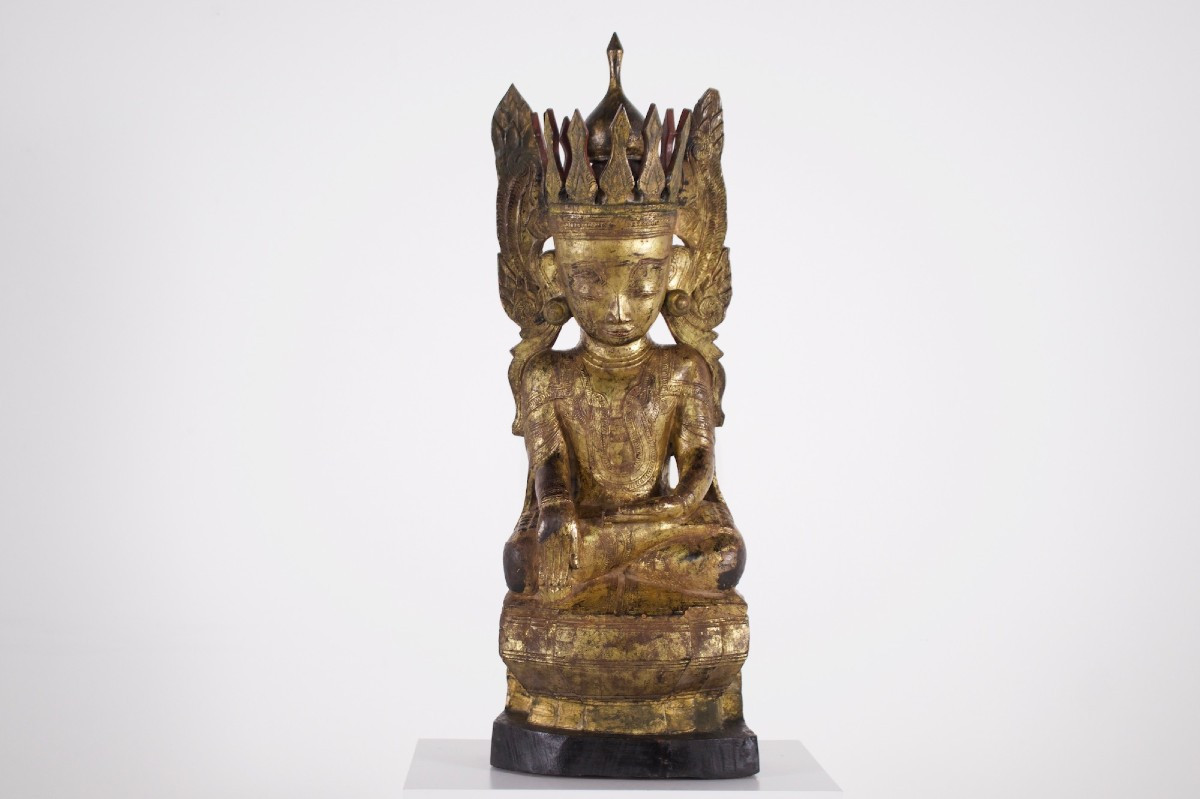 Antique statue de Bouddha en bois doré, Birmanie.-photo-3