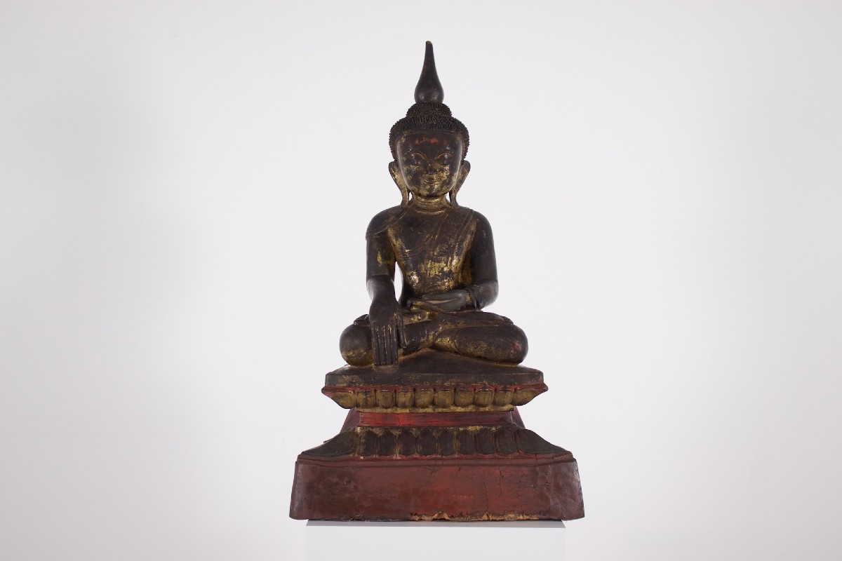 Importante statue en bois de  Bouddha Maravijaya, Birmanie.-photo-2