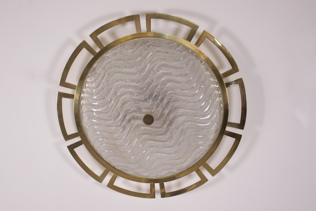 Grande Applique / Plafonnier »soleil » En Laiton Et Murano-photo-4