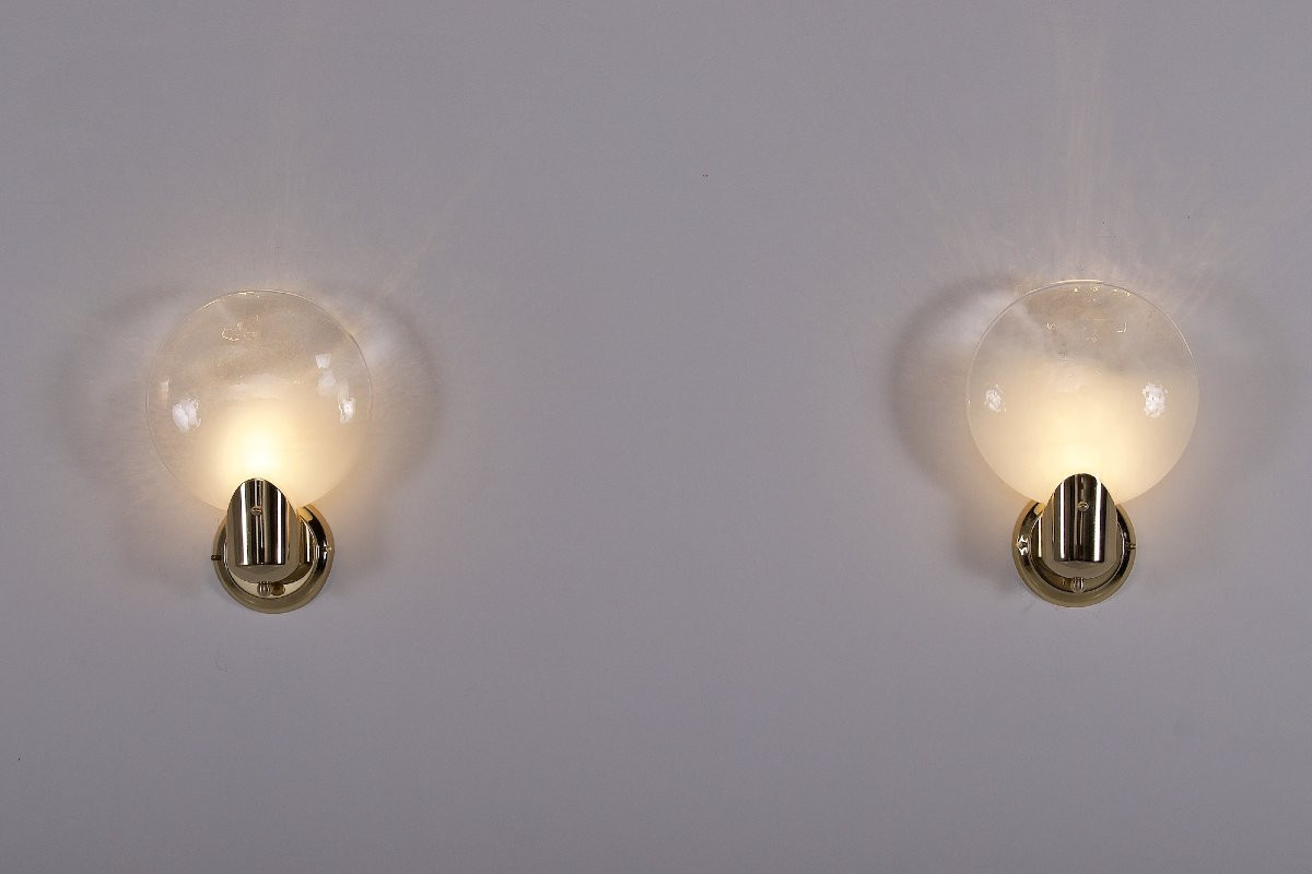 Paire D’appliques Lenticulaire En Verre Opalescent-photo-3
