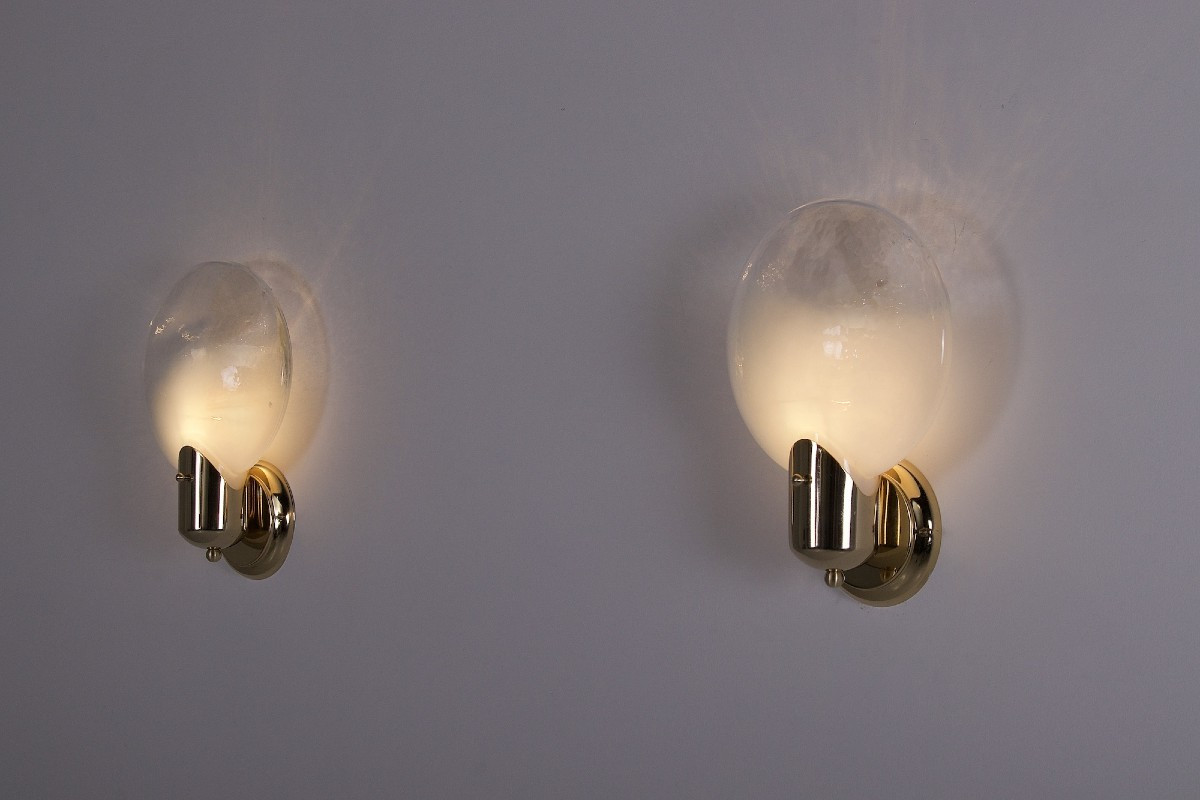 Paire D’appliques Lenticulaire En Verre Opalescent