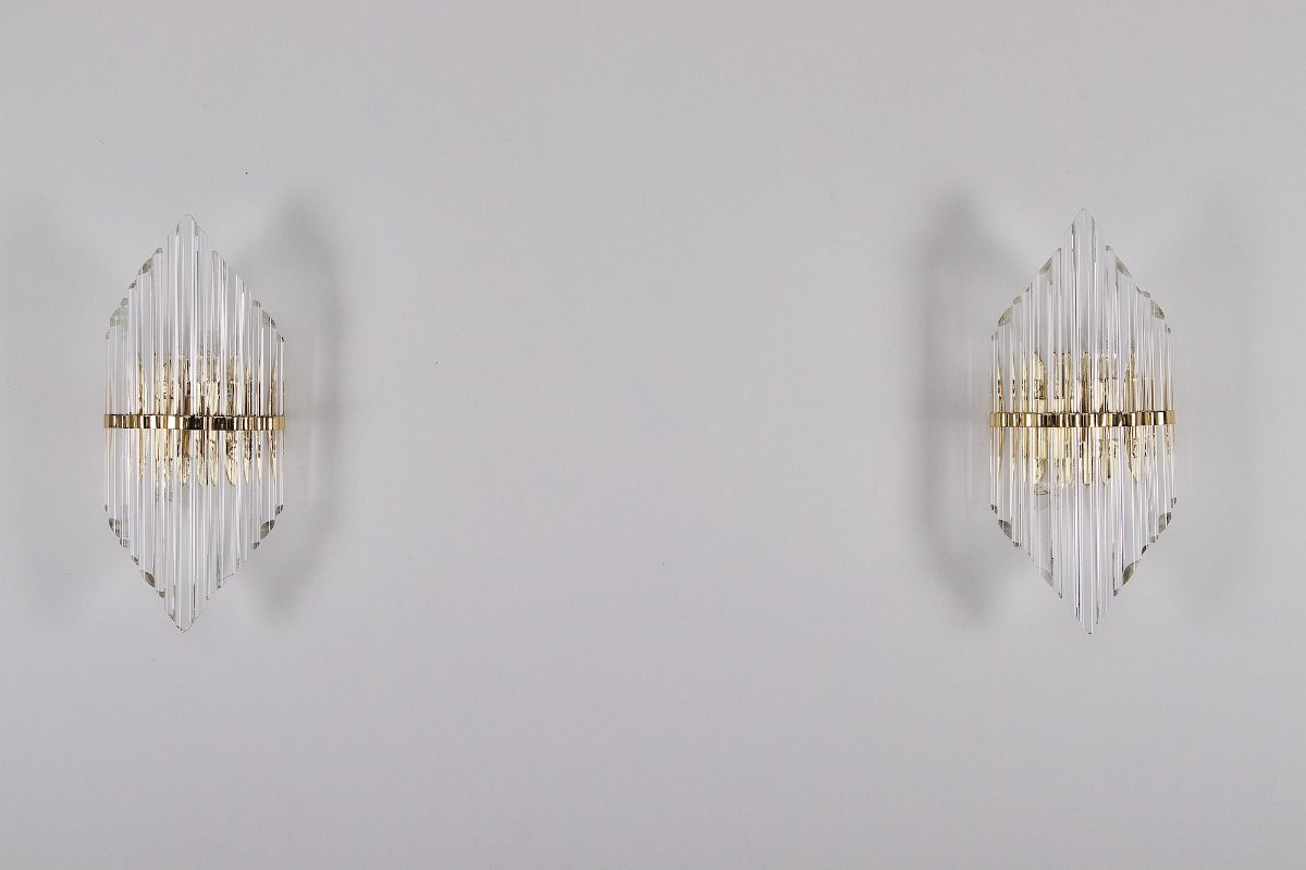 Deux applique en cristal biseauté et laiton, années 70.-photo-4
