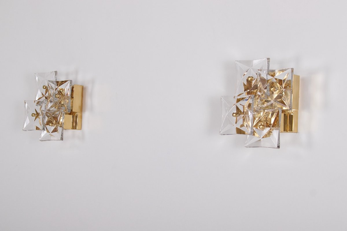 Pair Of Brutalist Wall Lights In Gilded Brass And Crystal-photo-2