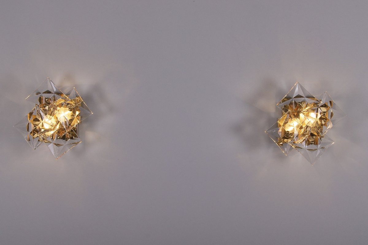Pair Of Brutalist Wall Lights In Gilded Brass And Crystal-photo-3