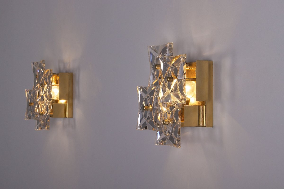 Pair Of Brutalist Wall Lights In Gilded Brass And Crystal-photo-3