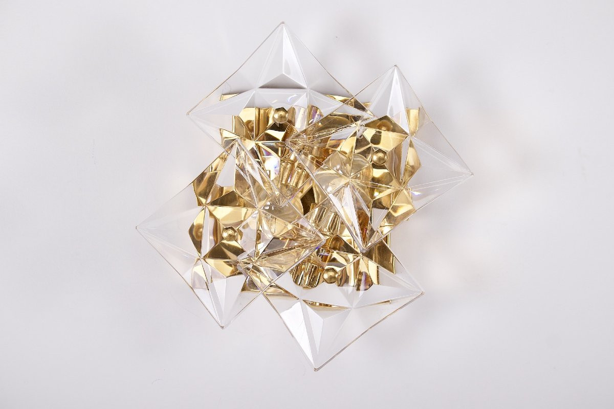 Pair Of Brutalist Wall Lights In Gilded Brass And Crystal-photo-4