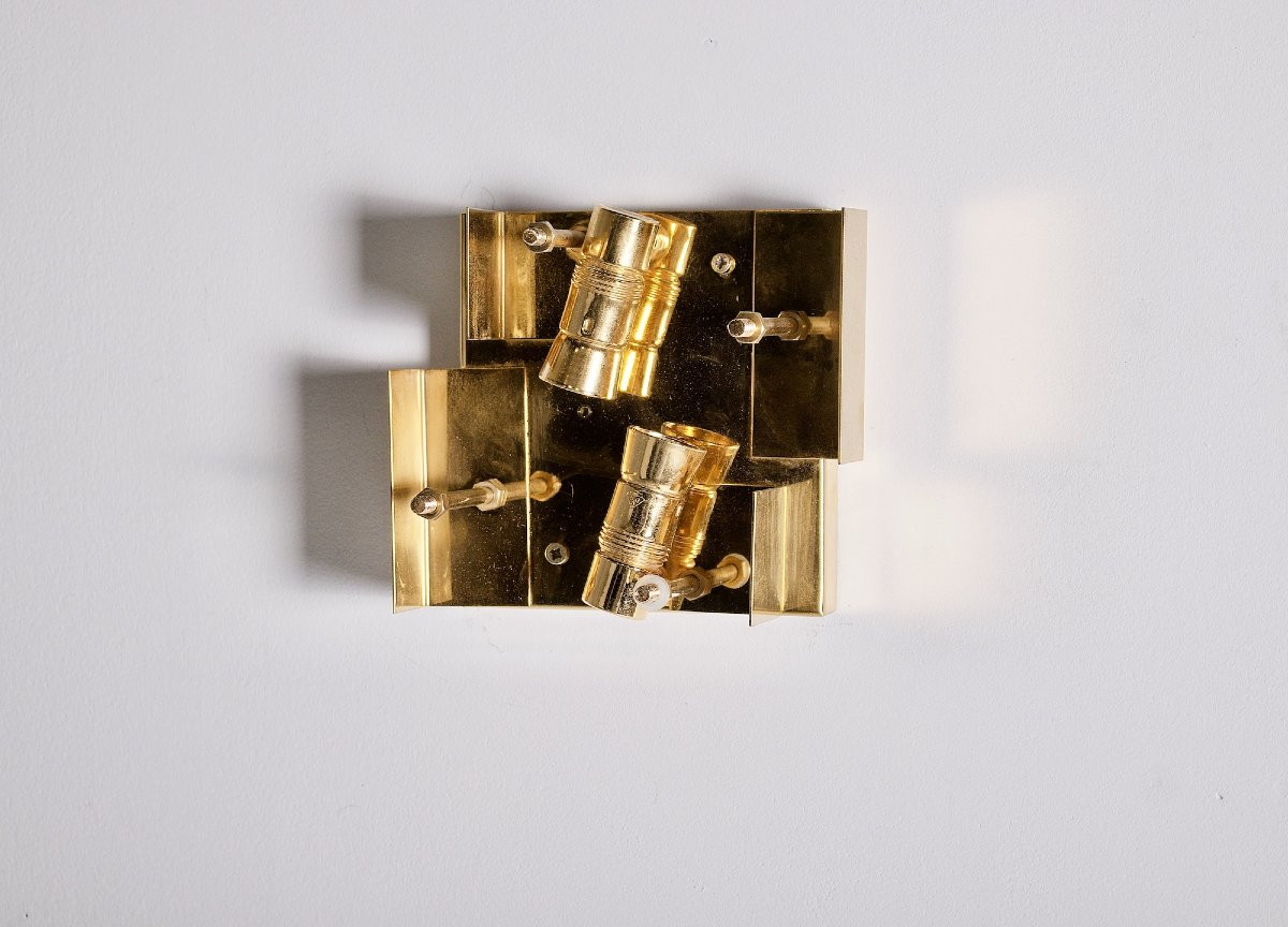 Pair Of Brutalist Wall Lights In Gilded Brass And Crystal-photo-8