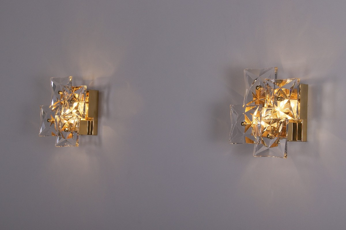 Pair Of Brutalist Wall Lights In Gilded Brass And Crystal