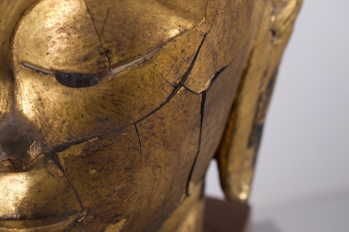 Importante tête de Bouddha en Stuc, Siam, XVII ème siècle.-photo-3
