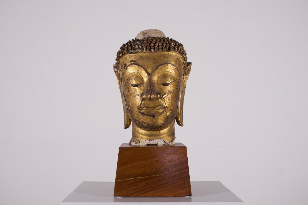 Importante tête de Bouddha en Stuc, Siam, XVII ème siècle.
