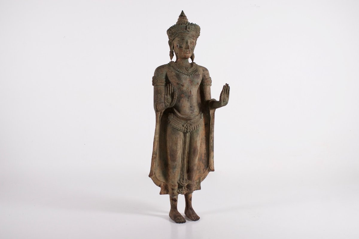 Large Khmer Bronze Adorned Buddha (104 Cm)-photo-2