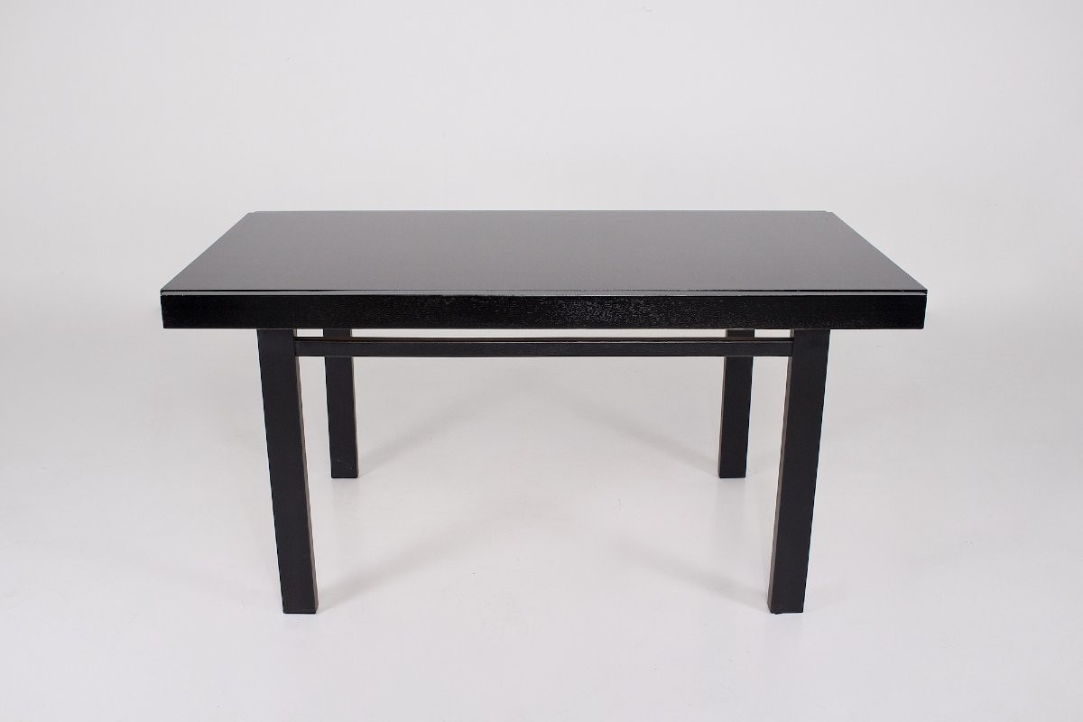 Table chêne laqué noir de style  Brutaliste ,à allonge.-photo-2