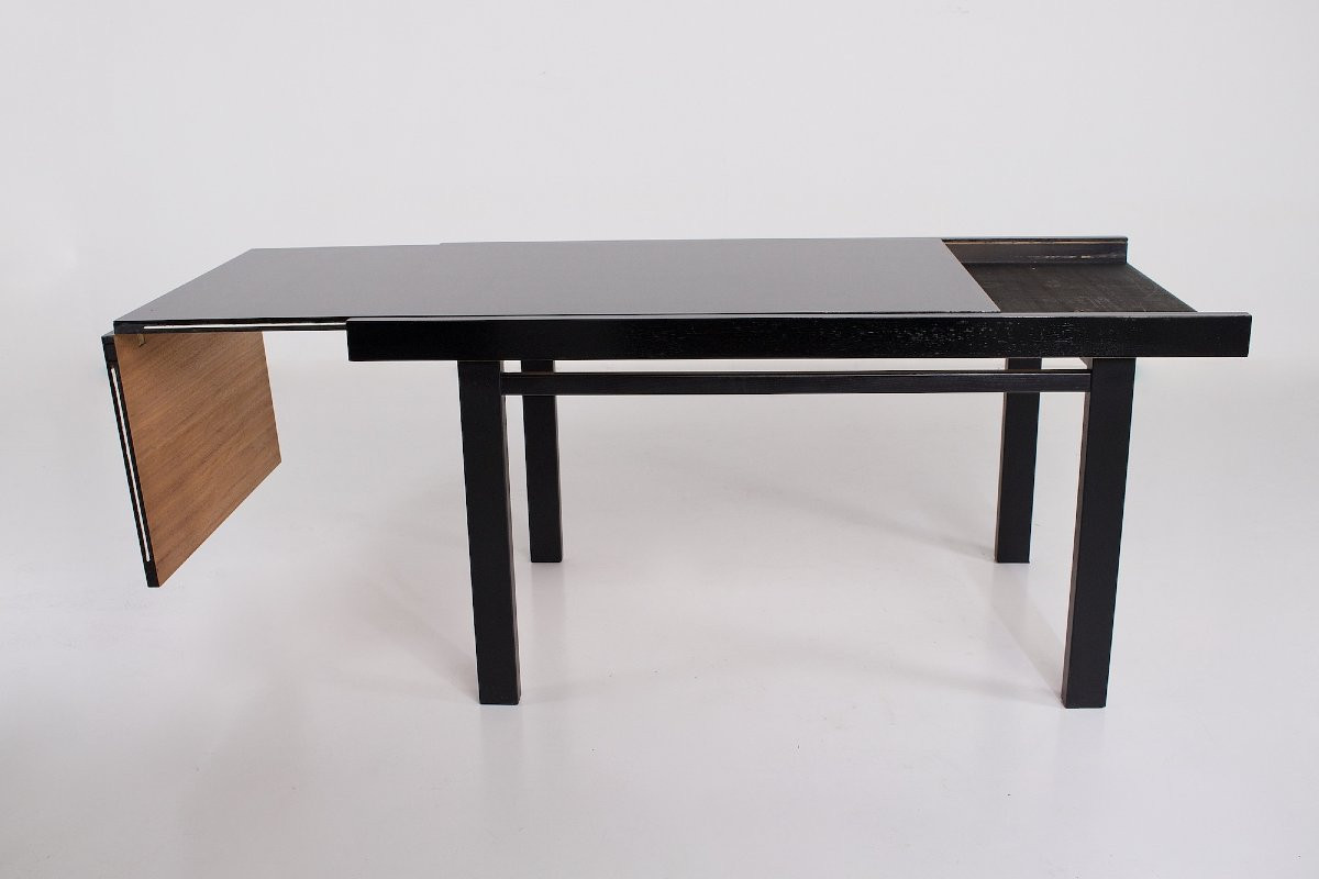 Table chêne laqué noir de style  Brutaliste ,à allonge.-photo-3
