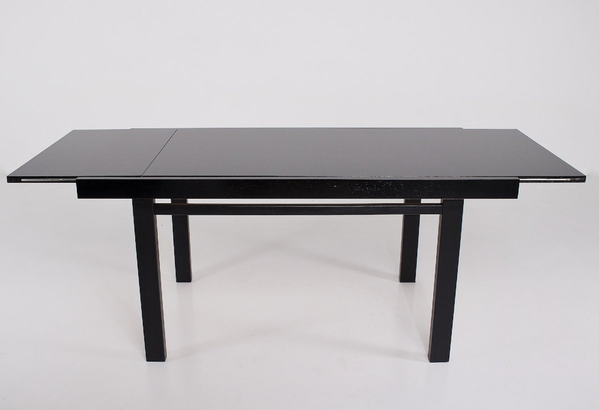 Table chêne laqué noir de style  Brutaliste ,à allonge.-photo-1