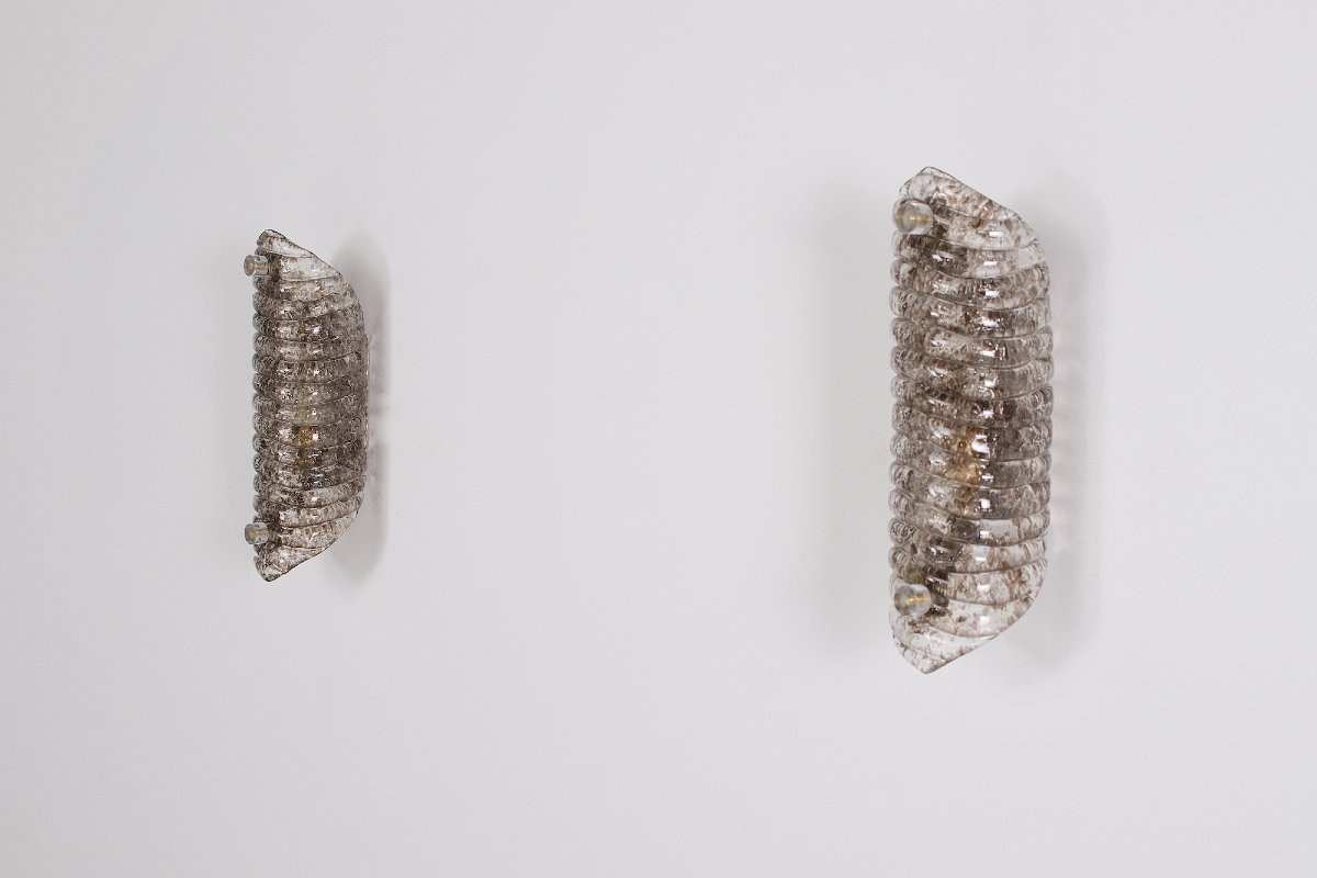 Pair Of "cornets" Wall Lights In Amber Murano Glass-photo-3
