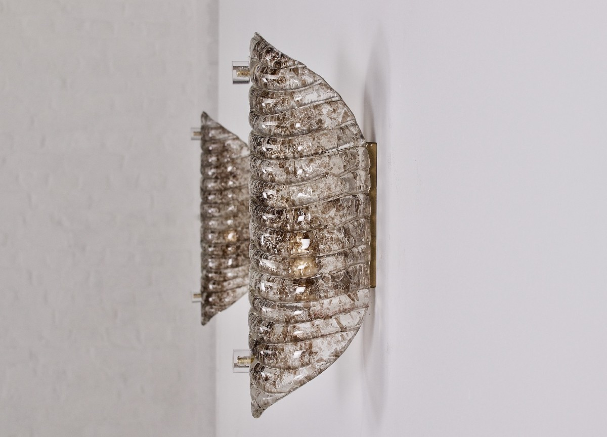Pair Of "cornets" Wall Lights In Amber Murano Glass