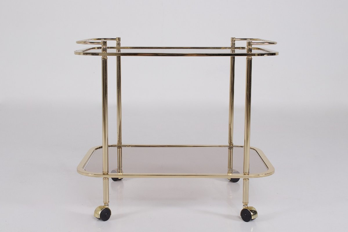 Trolley en verre fumé et laiton doré, années 70.-photo-2