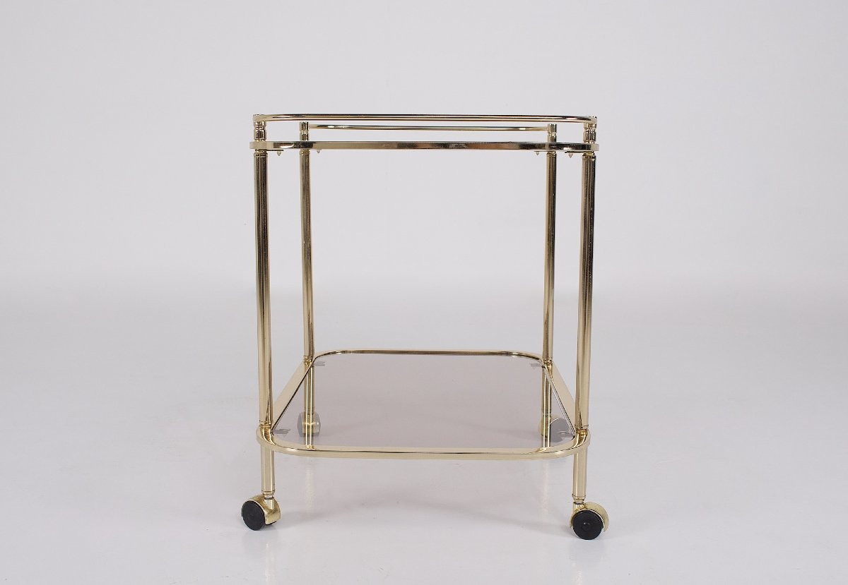 Trolley en verre fumé et laiton doré, années 70.-photo-3