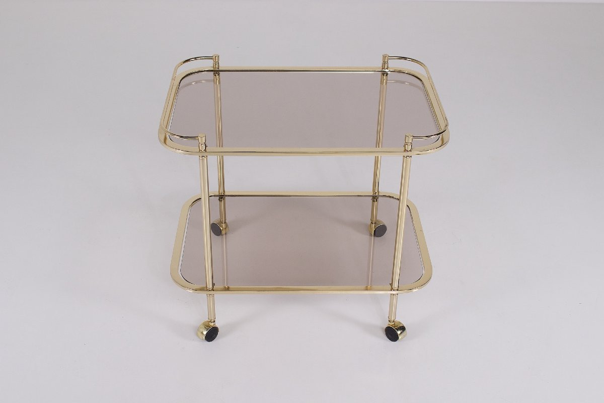 Trolley en verre fumé et laiton doré, années 70.-photo-4