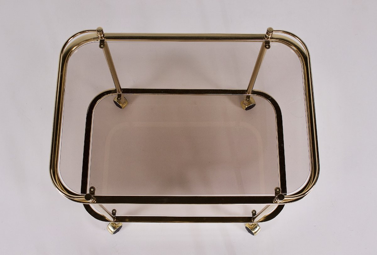 Trolley en verre fumé et laiton doré, années 70.-photo-1