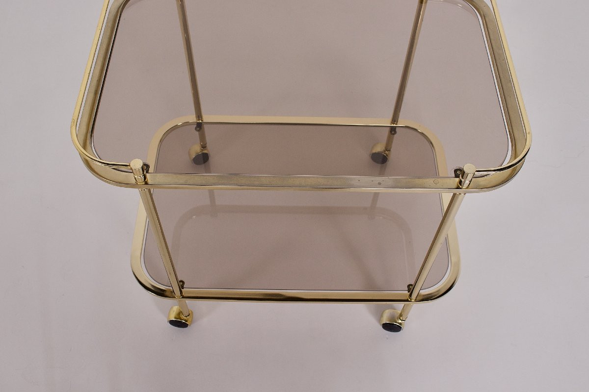 Trolley en verre fumé et laiton doré, années 70.-photo-3