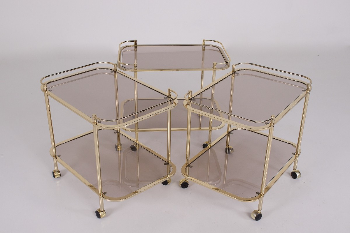 Trolley en verre fumé et laiton doré, années 70.-photo-4