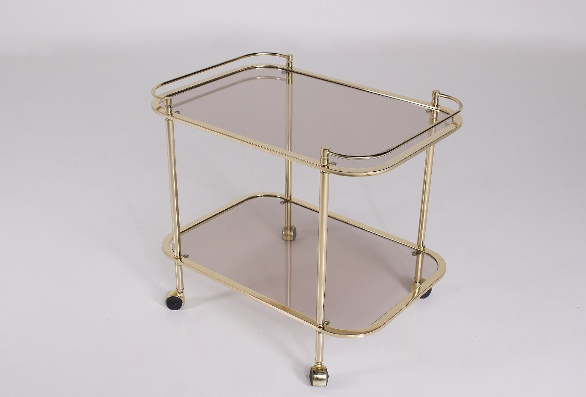 Trolley en verre fumé et laiton doré, années 70.