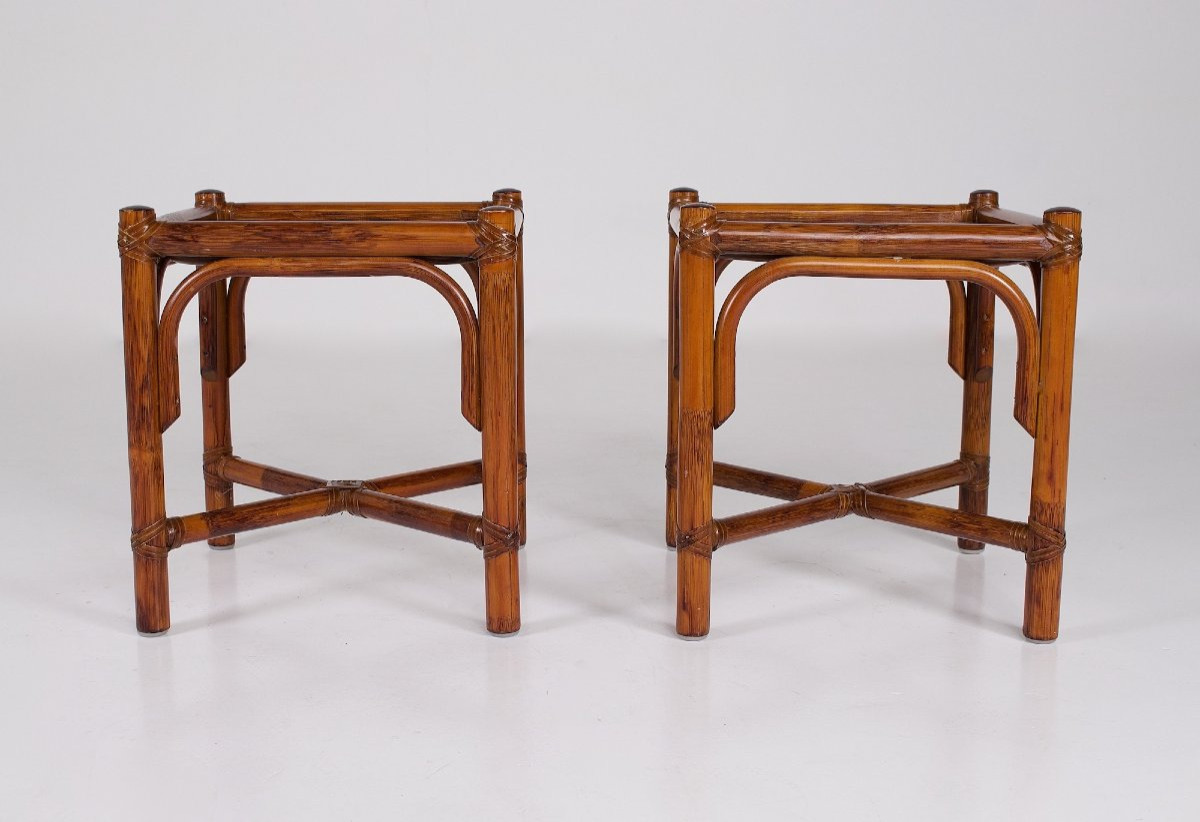 Deux petites  tables d'appoint en verre et bambou, années 80.-photo-2