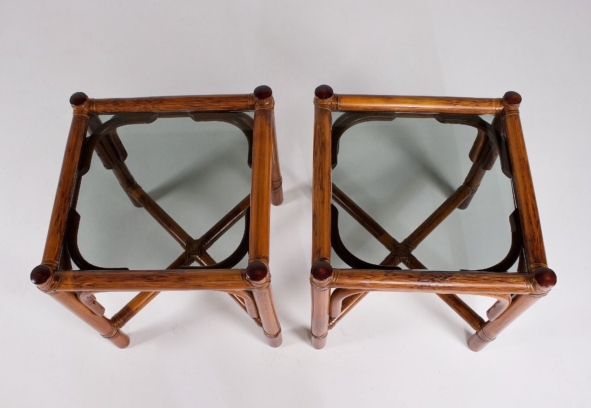 Deux petites  tables d'appoint en verre et bambou, années 80.-photo-4
