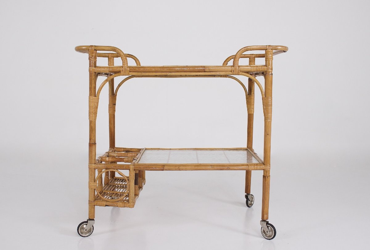 Table roulante de service en verre et bambou, Italie, années 60.-photo-2