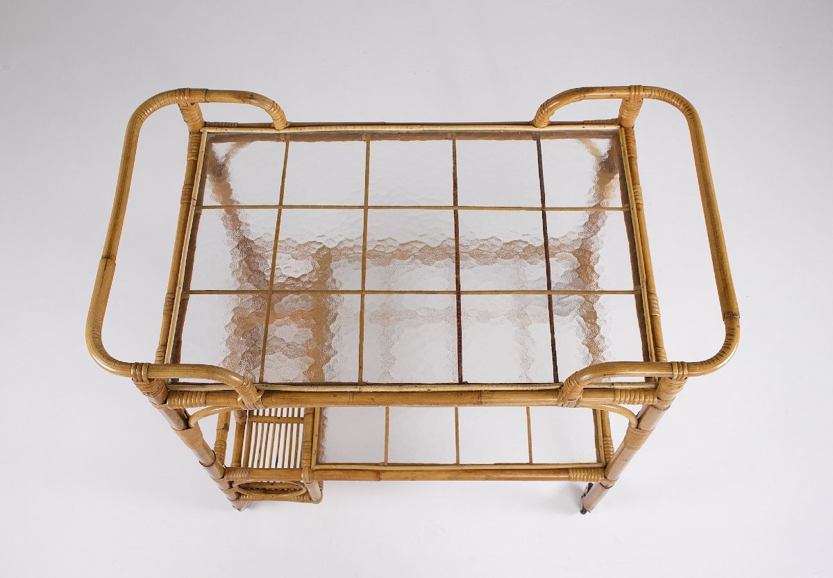 Table roulante de service en verre et bambou, Italie, années 60.-photo-1
