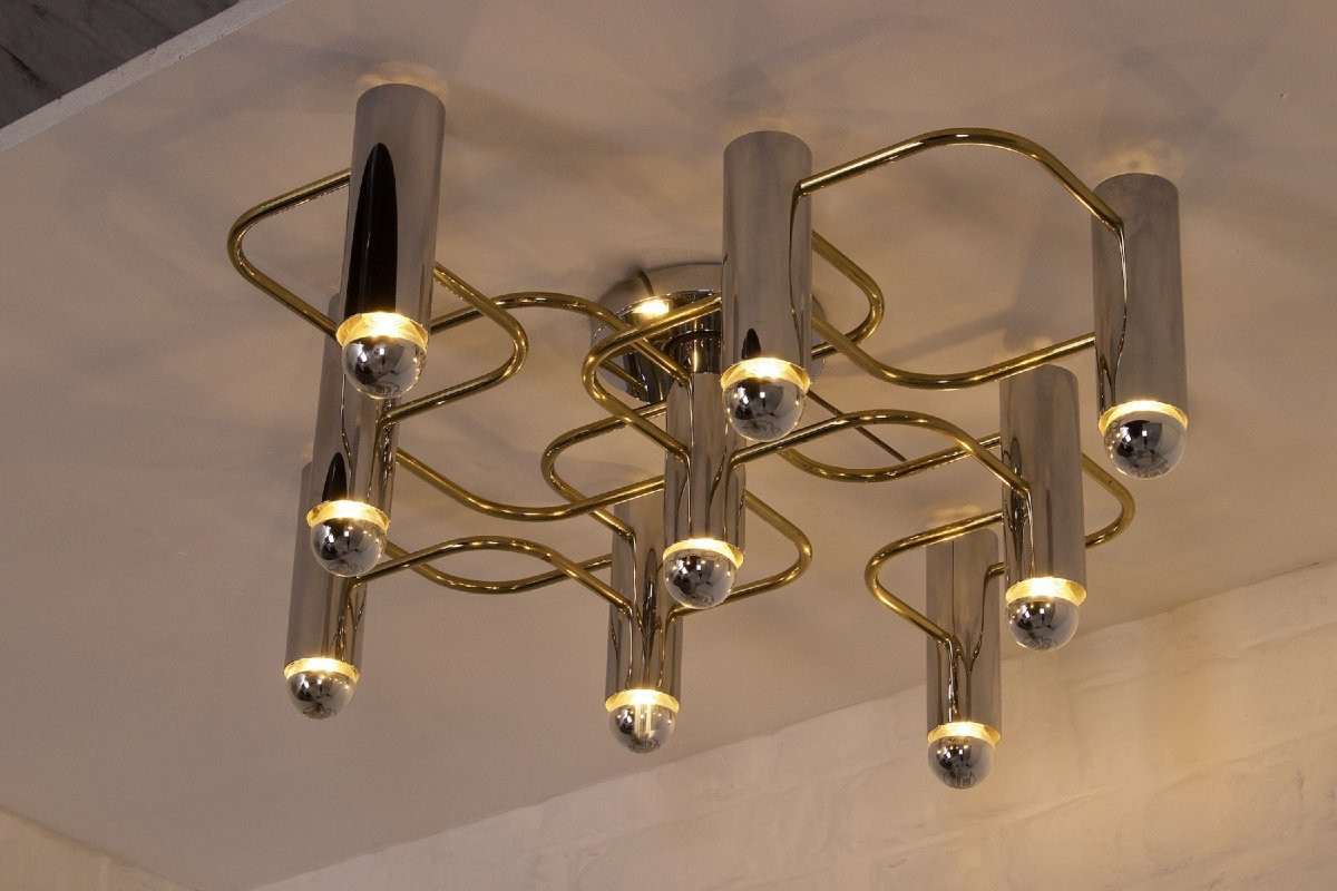 Brass And Chrome Ceiling Light By Gaetano Sciolari For Leola.-photo-2