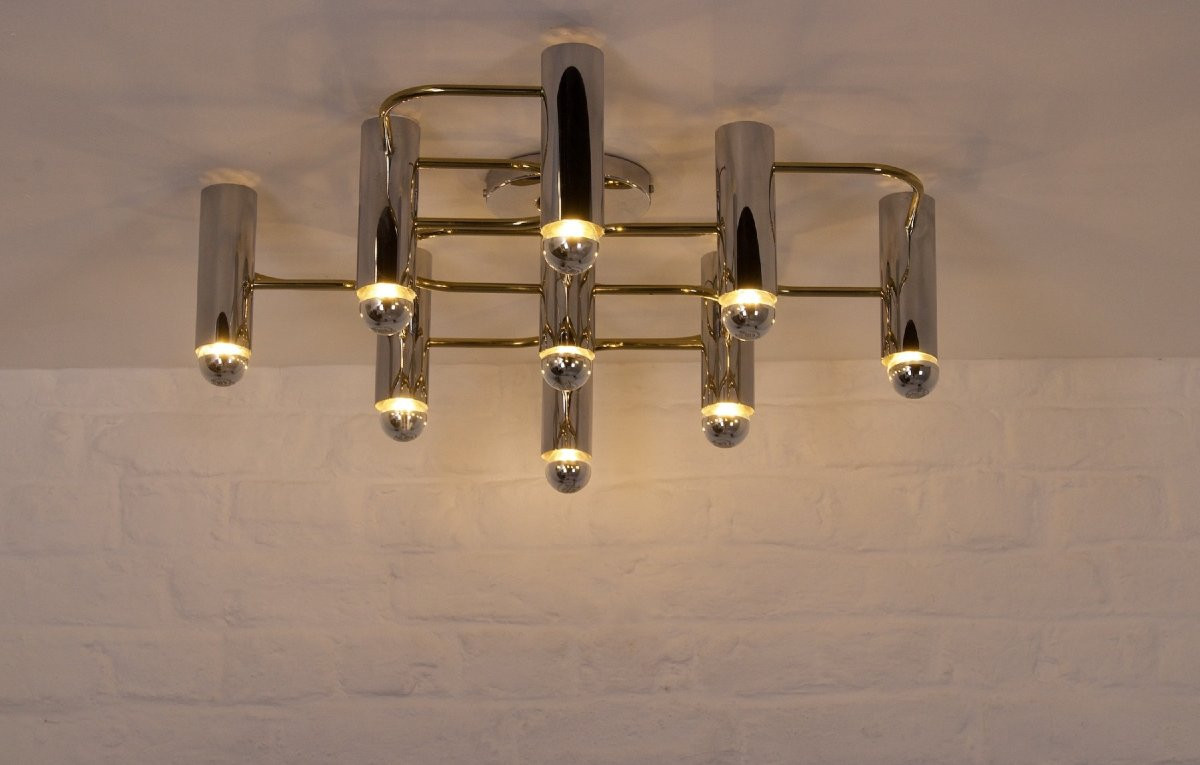 Brass And Chrome Ceiling Light By Gaetano Sciolari For Leola.-photo-4