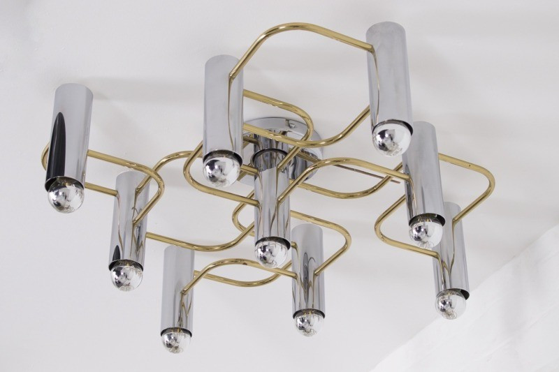 Brass And Chrome Ceiling Light By Gaetano Sciolari For Leola.