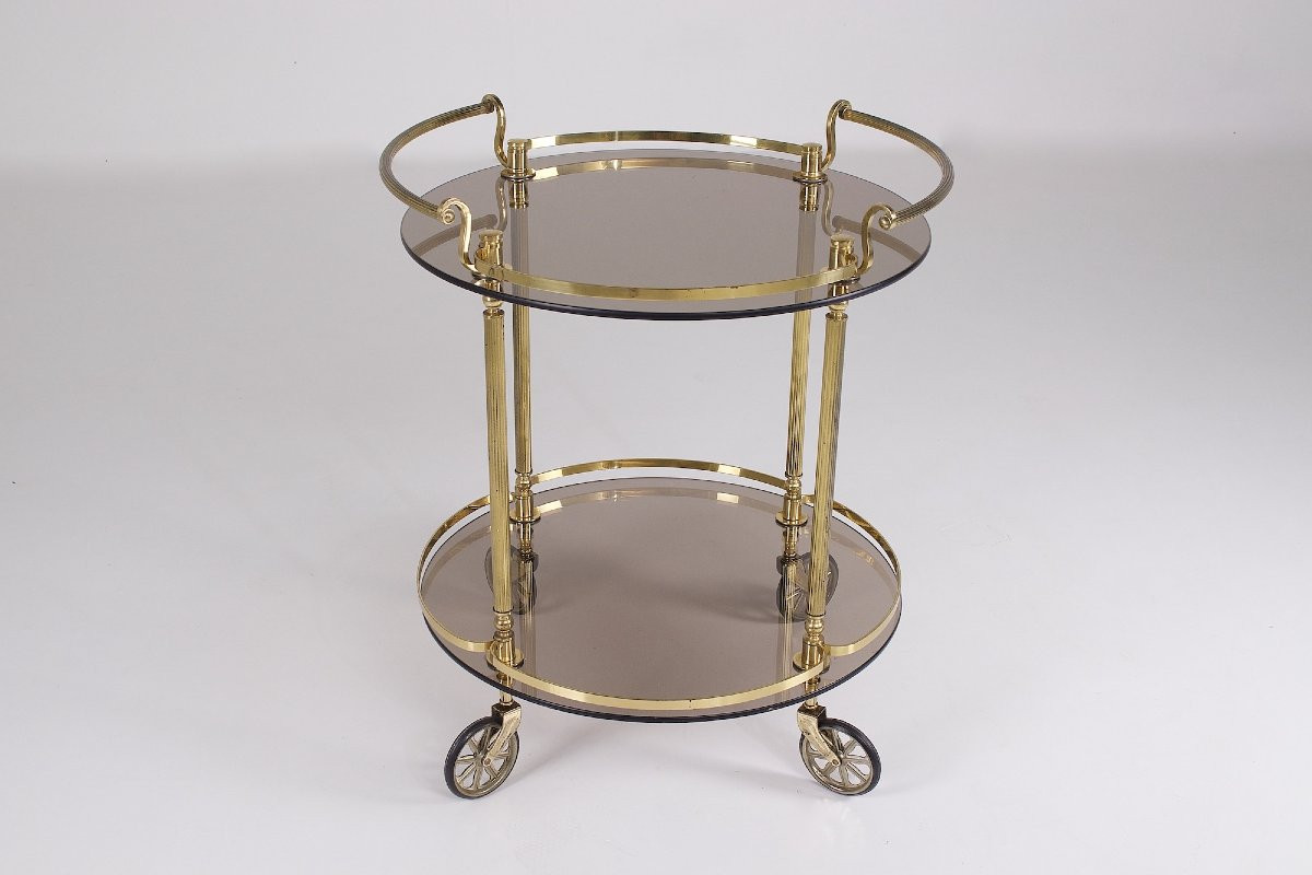 Table de service roulante en laiton et verre fumé , années 70.-photo-2